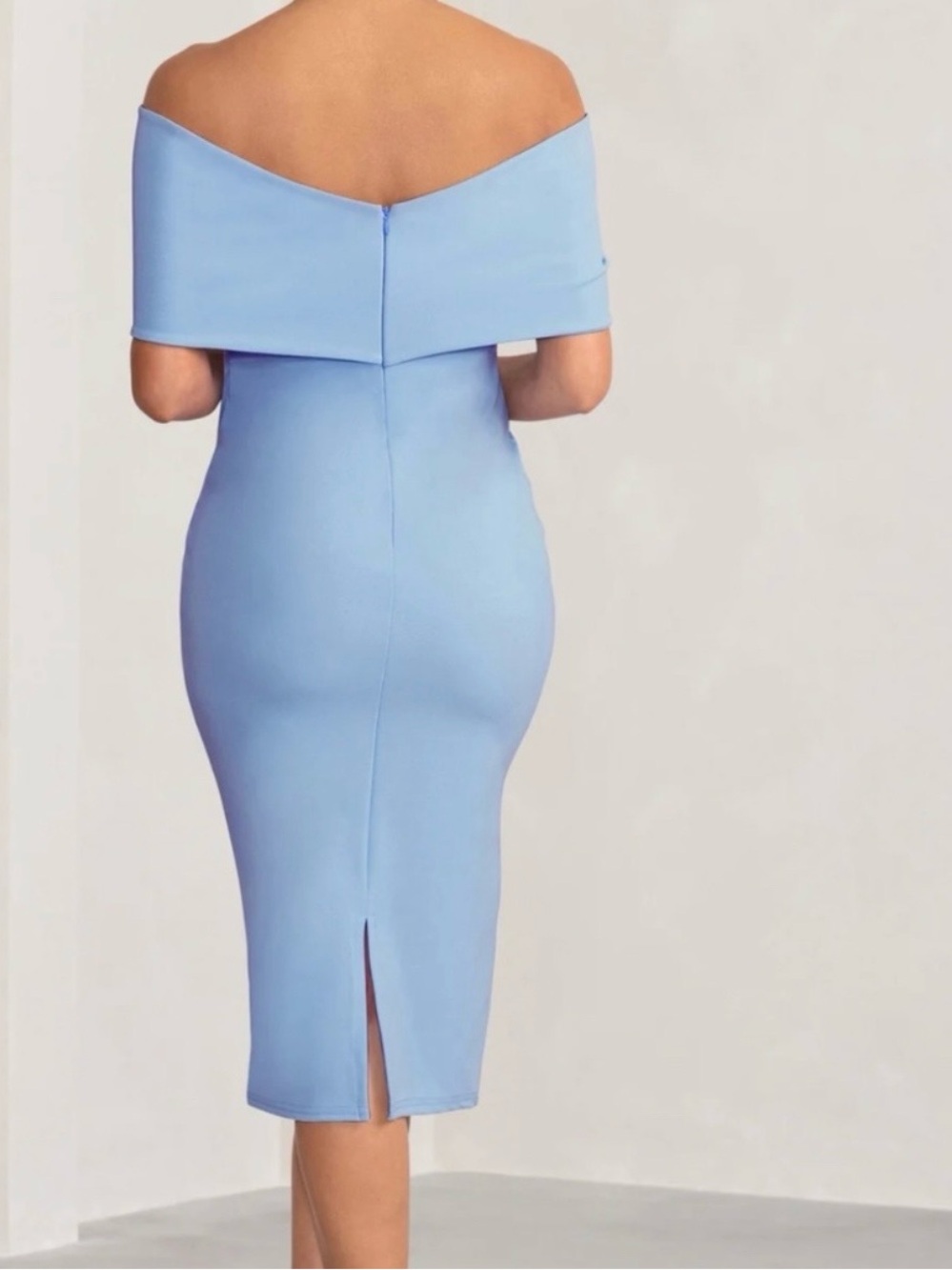 Club L London Powder Blue Alyssa Bardot Bow Maternity Midi Dress With Ruching 12 - Picture 3 of 16